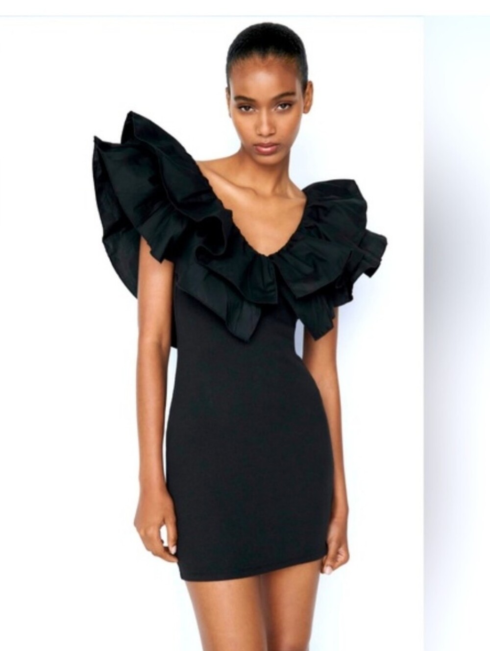 NEW! ZARA Fitted Ruffle Mini Dress in Black Size S